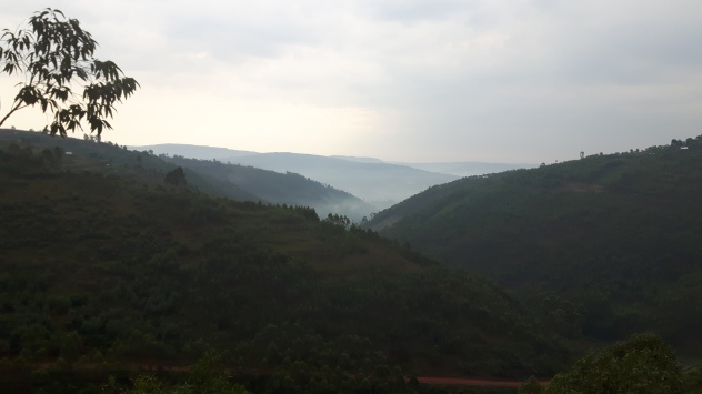 The climb up to Lake Bunyonyi. The town of Kabale is under the fog in the valley.